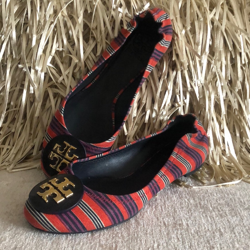 Tory Burch Reva Bauer Stripe Printed Canvas Flats - Picture 2 of 11